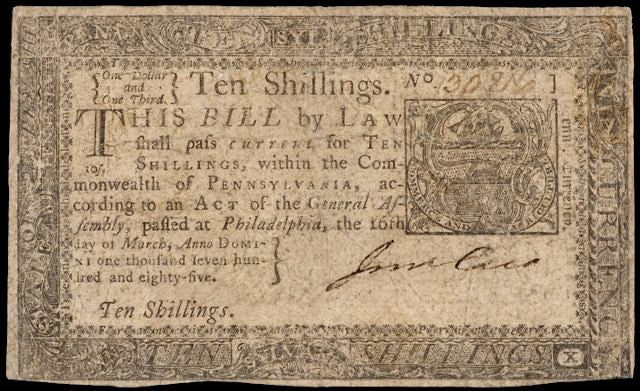 Ten Shillings Pennsylvania of March 16, 1785, #2199 Colonial Currency ...