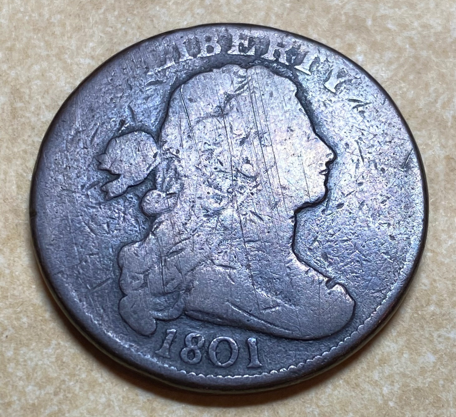 An 1801 U.S. DRAPED BUST LARGE CENT, 1 over 000 ERROR – Tortuga